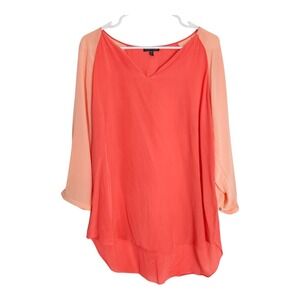 EILEEN FISHER Silk Blouse Sz M V-Neck 3/4 Sleeve Hi-lo Hem Color Block Shirt Top